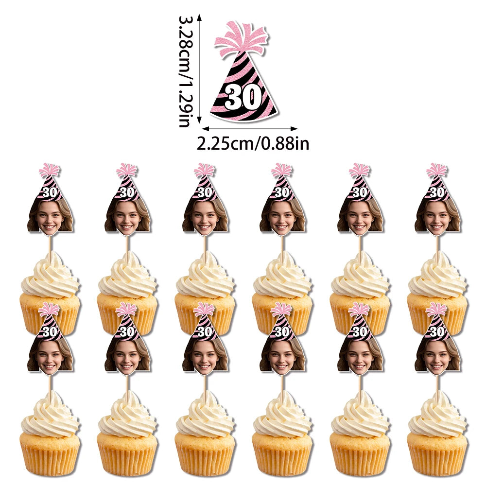 Custom Birthday Hat Pattern Decorations 30th 40th 50th Birthday Banner Straws Cupcake Toppers for Happy birthday Party Supplies