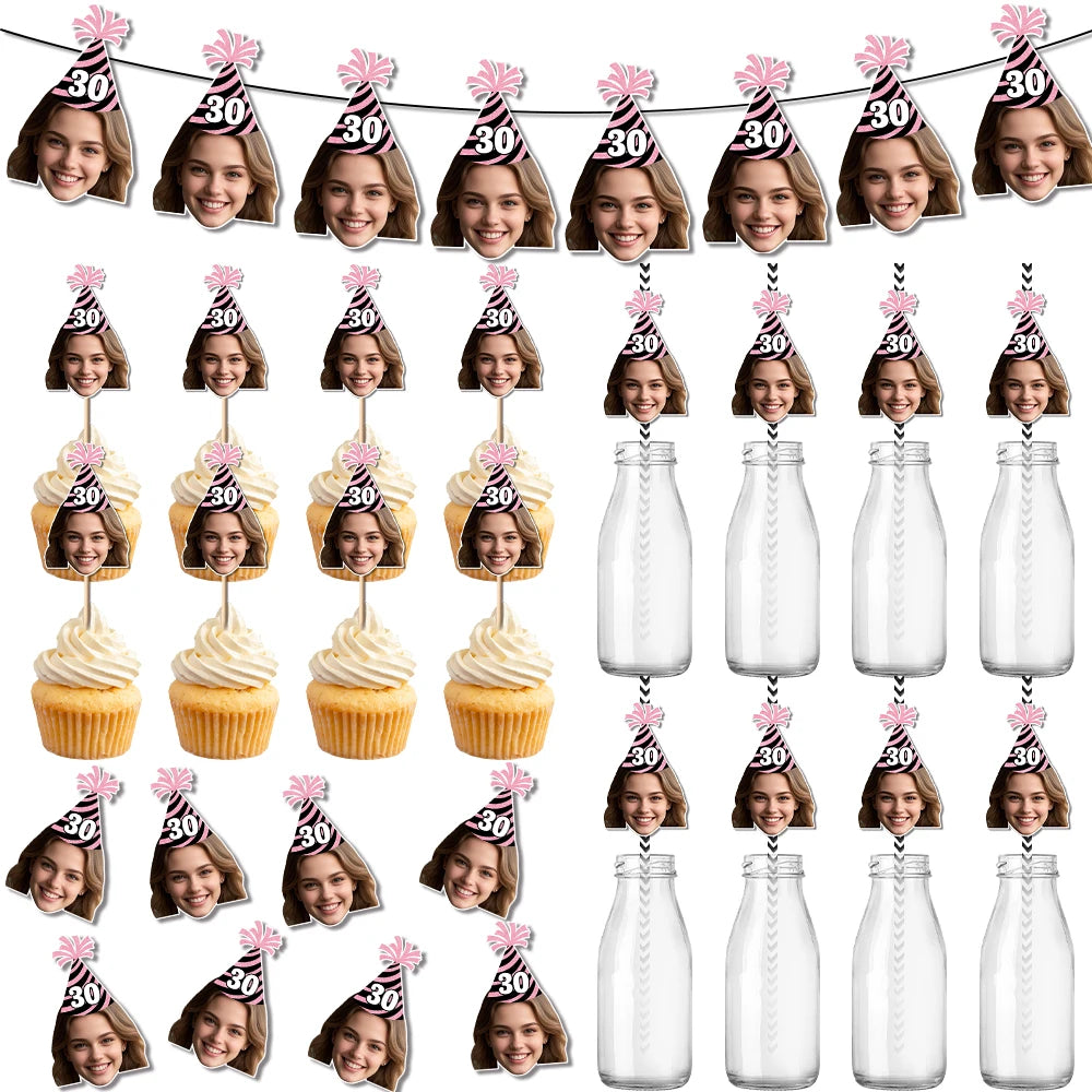 Custom Birthday Hat Pattern Decorations 30th 40th 50th Birthday Banner Straws Cupcake Toppers for Happy birthday Party Supplies