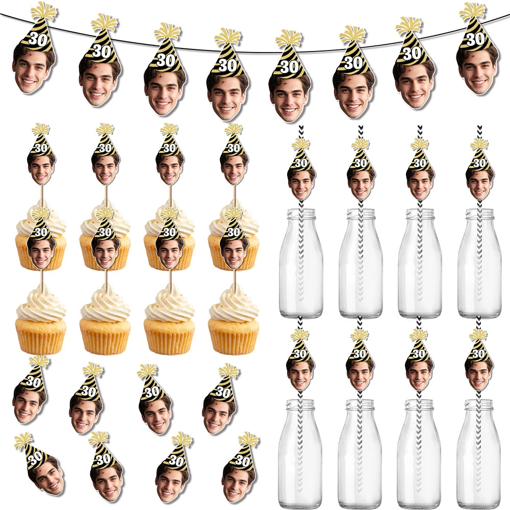 Custom Birthday Hat Pattern Decorations 30th 40th 50th Birthday Banner Straws Cupcake Toppers for Happy birthday Party Supplies