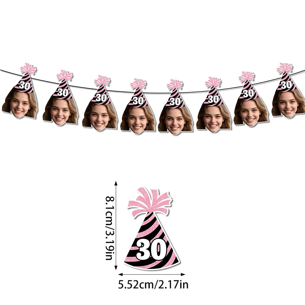 Custom Birthday Hat Pattern Decorations 30th 40th 50th Birthday Banner Straws Cupcake Toppers for Happy birthday Party Supplies