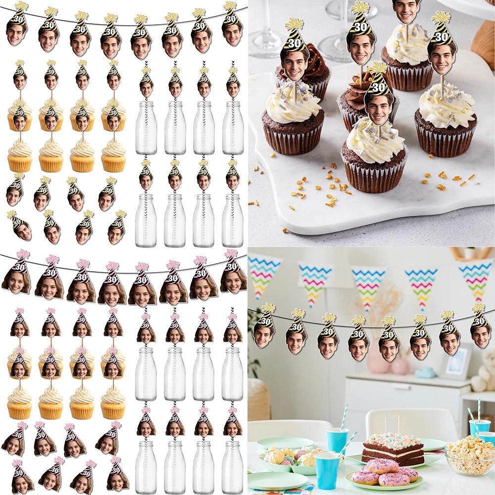Custom Birthday Hat Pattern Decorations 30th 40th 50th Birthday Banner Straws Cupcake Toppers for Happy birthday Party Supplies