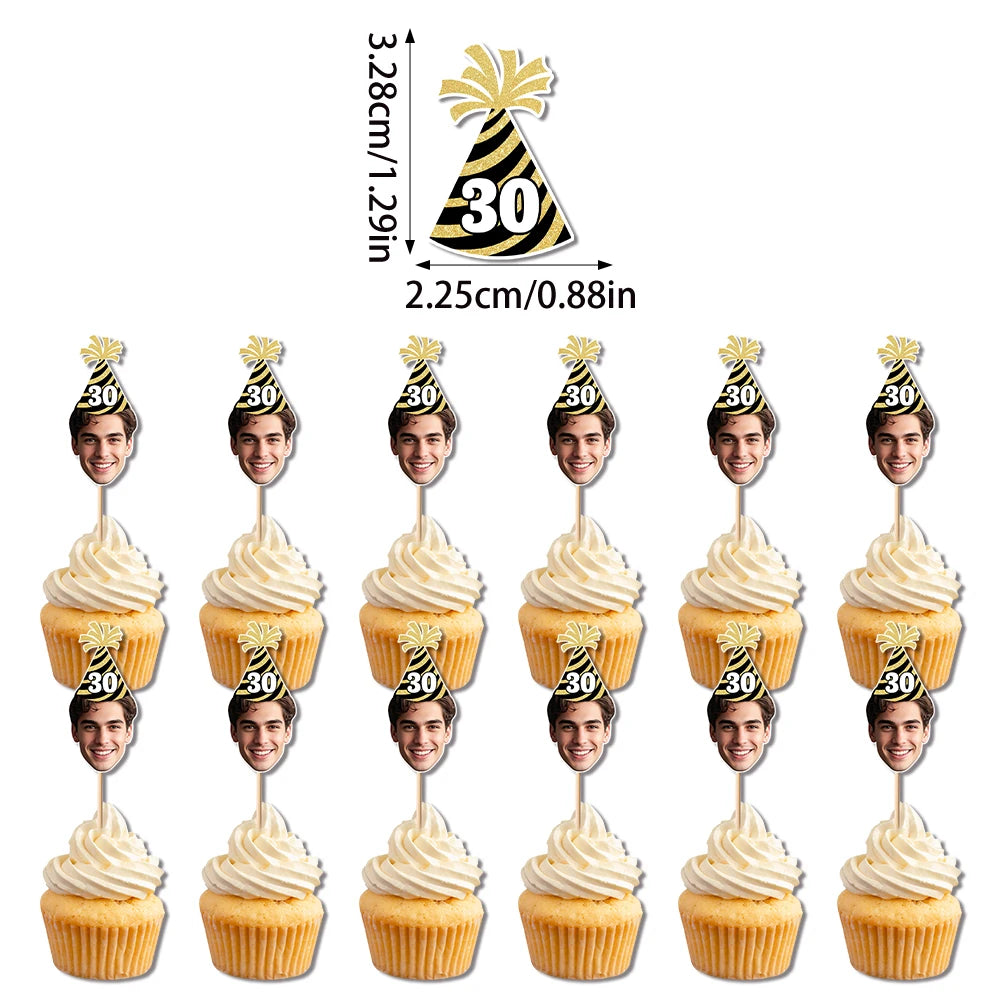 Custom Birthday Hat Pattern Decorations 30th 40th 50th Birthday Banner Straws Cupcake Toppers for Happy birthday Party Supplies